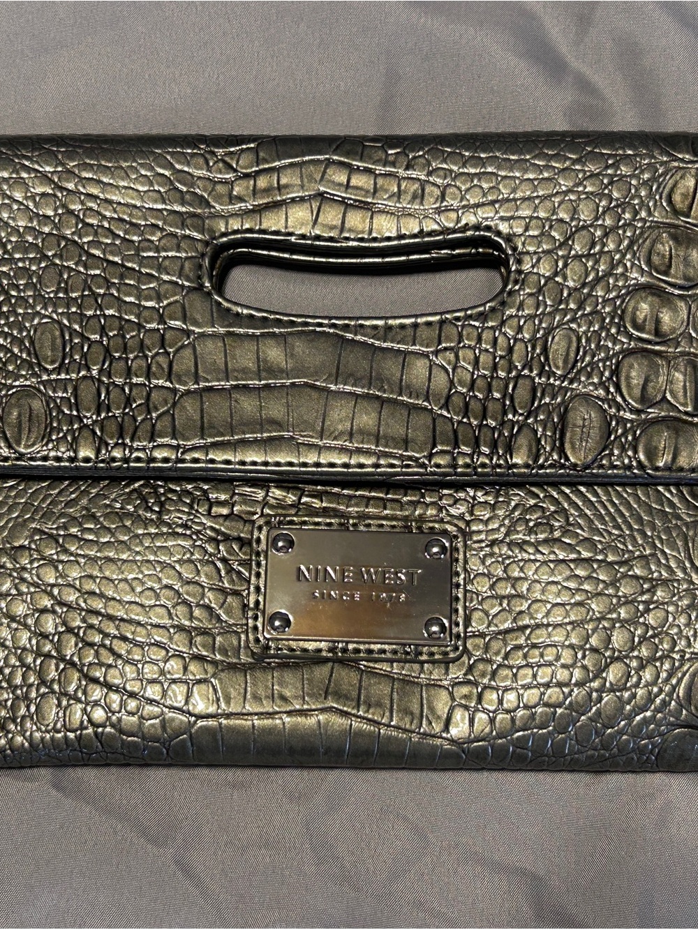 Nine West Metallic Silver Croc-Embossed Wristlet Clutch